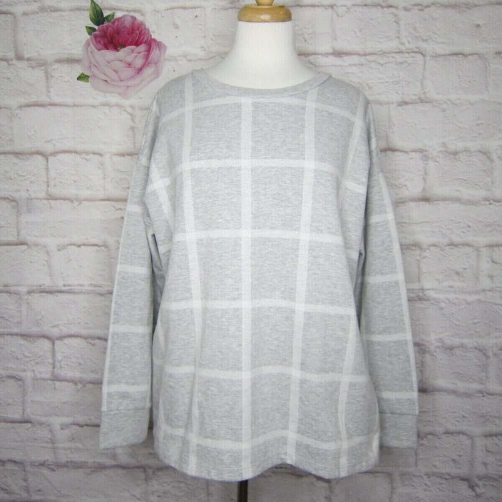 LIZ CLAIBORNE Gray and White Windowpane Plaid Lace-up Sweatshirt size XL
